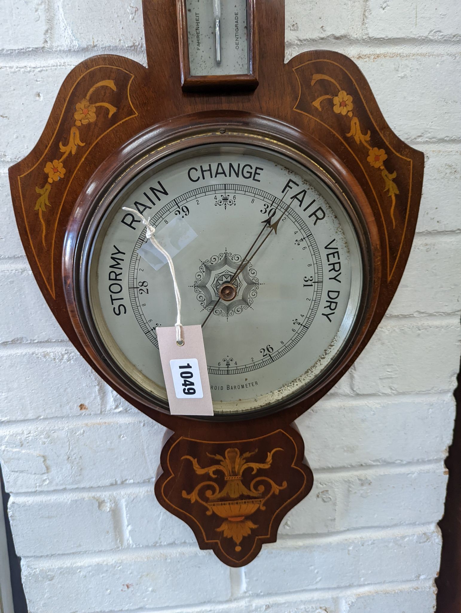 A Victorian marquetry inlaid mahogany aneroid barometer / thermometer, height 82cm